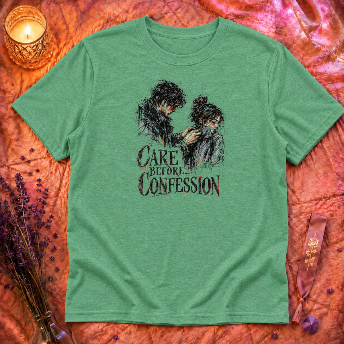 Care Before Confession T-Shirt TG150 - Heather Irish Green Flatlay